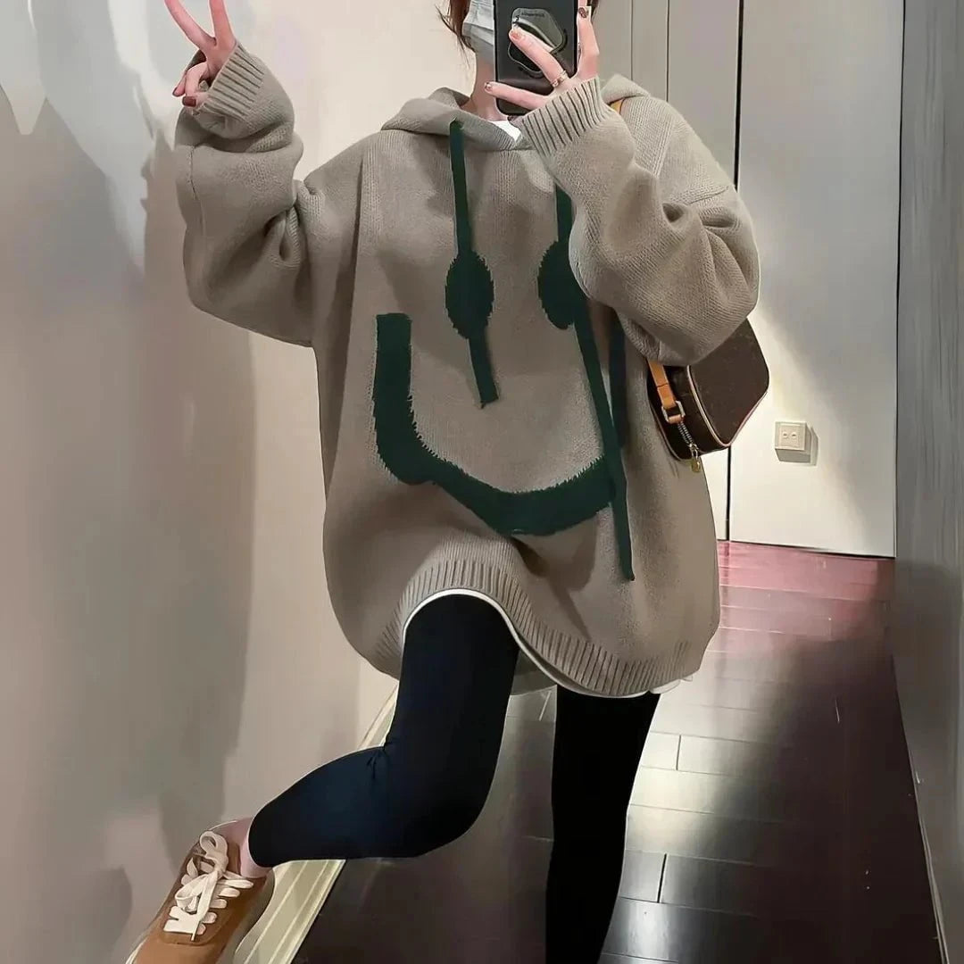 Lavinque Sweater Khaki / S Pull Oversize à Capuche Smiley | Streetwear | Confort et Style Décontracté