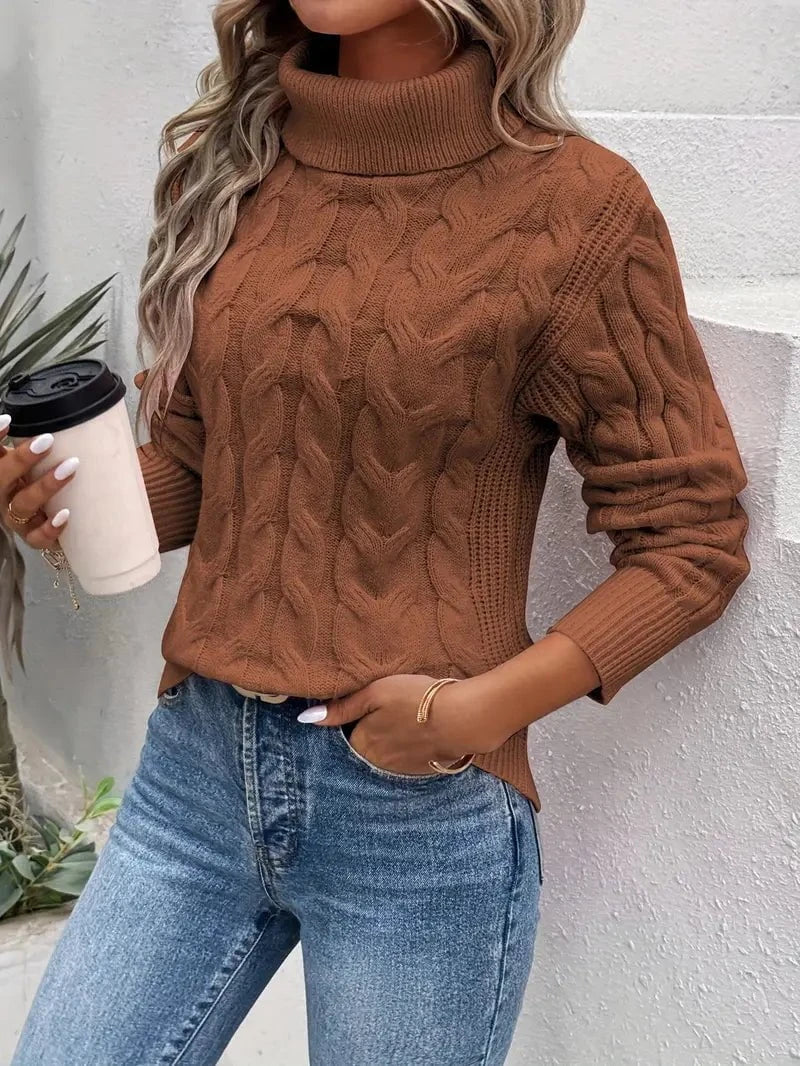 Lavinque Sweater Marron / S Pull Torsadé Col Montant | Marron Caramel | Douillet et Intemporel