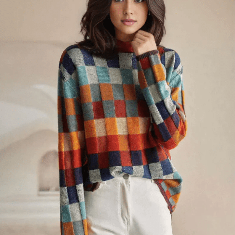 Lavinque Sweater Multicolore / XS Pull Oversize à Carreaux | Style Rétro | Doux et Confortable