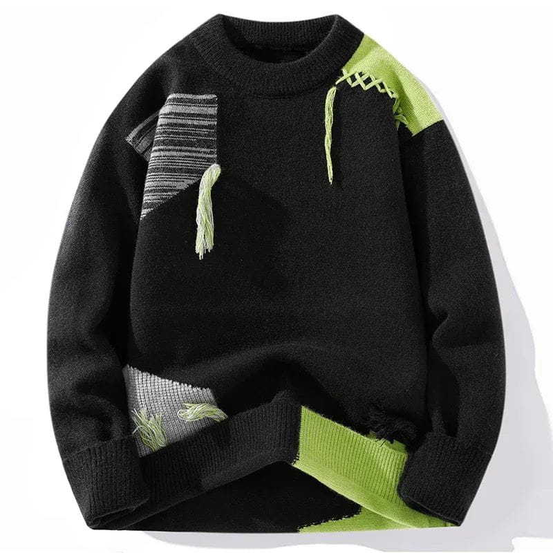 Lavinque Sweater Noir / S Pull à Franges Contrastées | Blanc & Bleu | Créatif et Douillet