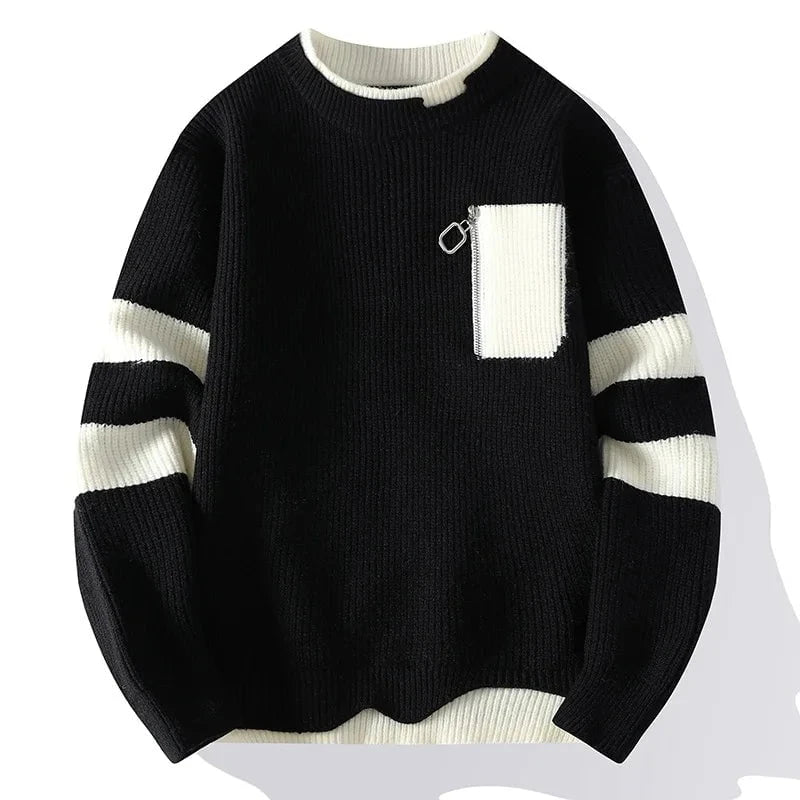 Lavinque Sweater Noir / S Pull Bicolore à Poche Contrastée | Crème & Gris | Moderne et Décontracté