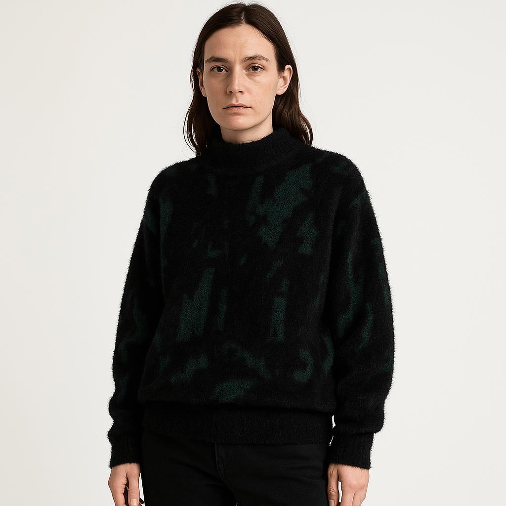 Lavinque Sweater Noir / S Pull Blanc à Motif Abstrait Noir | Col Montant | Style Graphique & Douillet