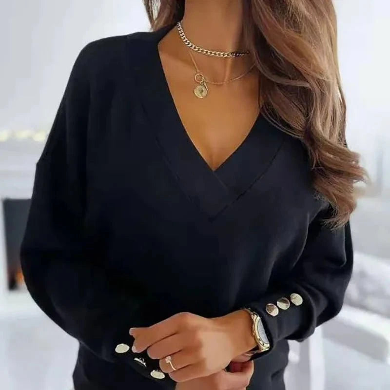 Lavinque Sweater Noir / S Pull Col V Femme | Élégance et Confort | Détails Boutonnés
