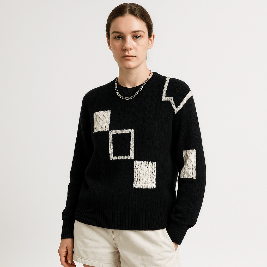 Lavinque Sweater Noir / S Pull Écru à Panneaux Noirs | Motif Géométrique | Style Graphique & Chaleur