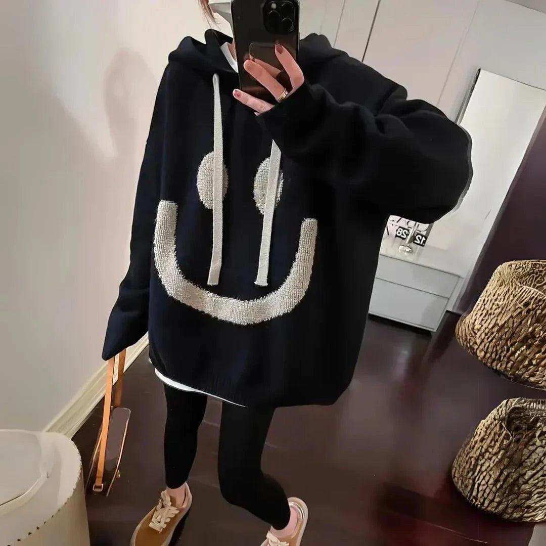 Lavinque Sweater Noir / S Pull Oversize à Capuche Smiley | Streetwear | Confort et Style Décontracté