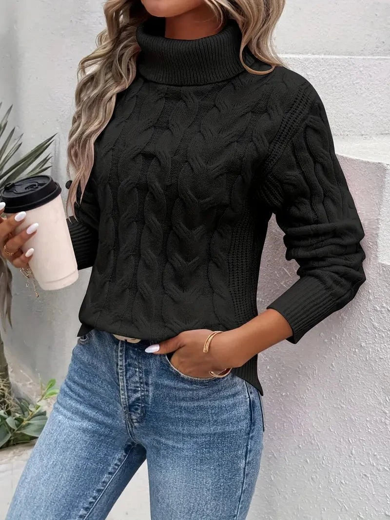 Lavinque Sweater Noir / S Pull Torsadé Col Montant | Marron Caramel | Douillet et Intemporel