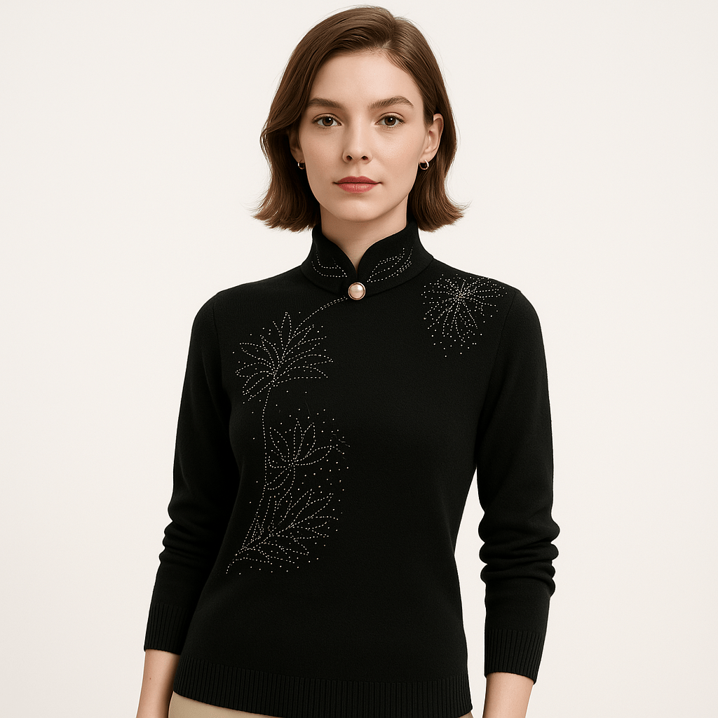 Lavinque Sweater Noir / XS Pull Élégant à Col Montant | Broderies Florales | Confort et Chic