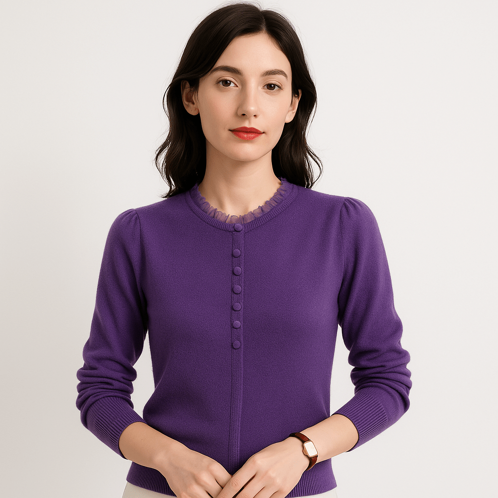 Lavinque Sweater Pourpre / XS Pull Boutonné Col Plissé | Élégant & Douillet | Détail Raffiné