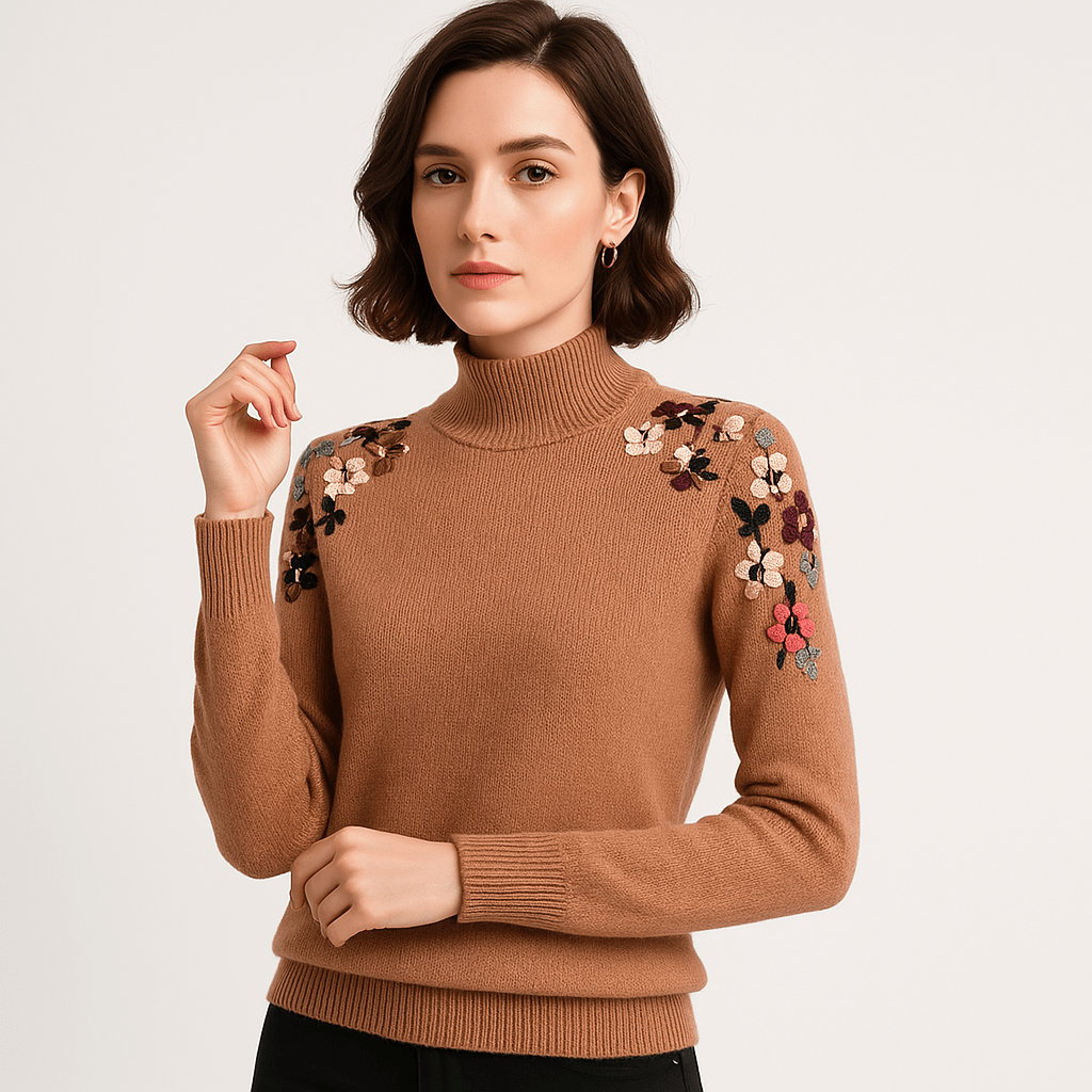 Lavinque Sweater Pull à col montant brodé | Élégant & Douillet | Fleurs brodées colorées