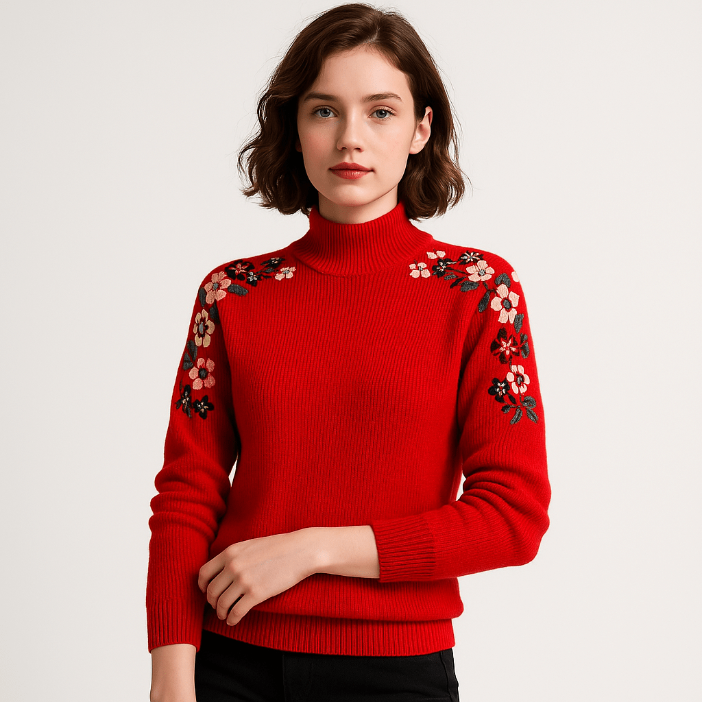Lavinque Sweater Pull à col montant brodé | Élégant & Douillet | Fleurs brodées colorées