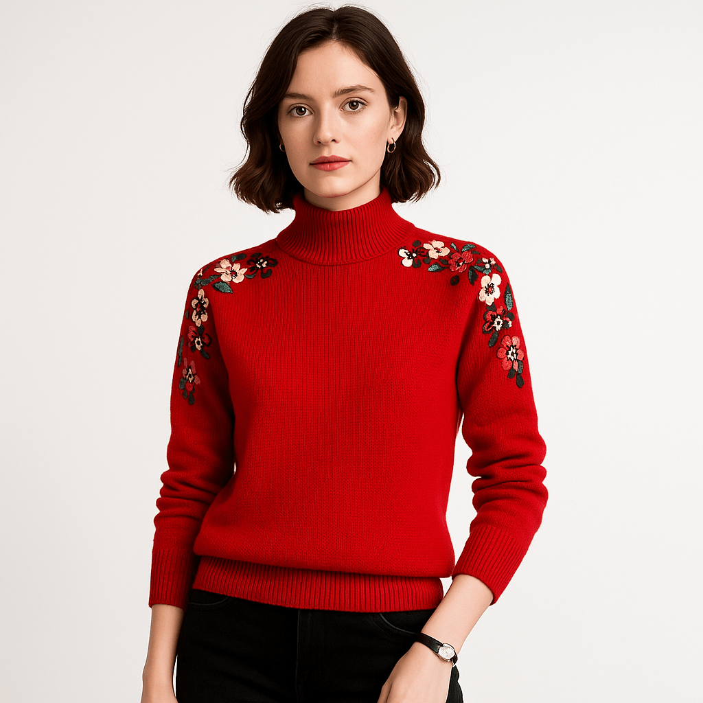 Lavinque Sweater Pull à col montant brodé | Élégant & Douillet | Fleurs brodées colorées