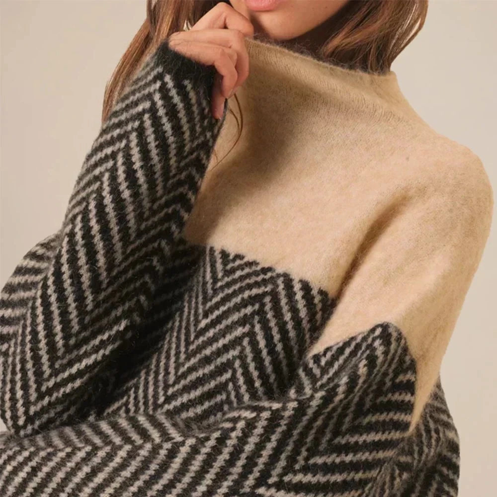 Lavinque Sweater Pull Bicolore à Chevrons | Col Montant | Chaud & Élégant