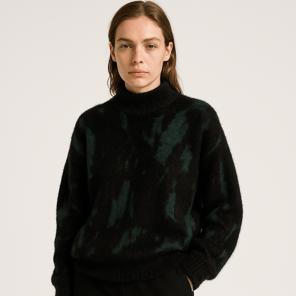 Lavinque Sweater Pull Blanc à Motif Abstrait Noir | Col Montant | Style Graphique & Douillet