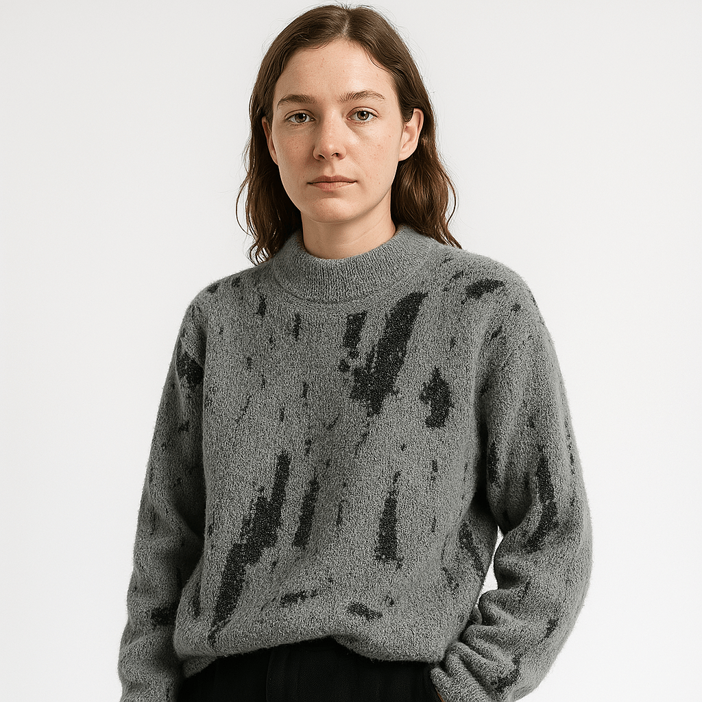 Lavinque Sweater Pull Blanc à Motif Abstrait Noir | Col Montant | Style Graphique & Douillet