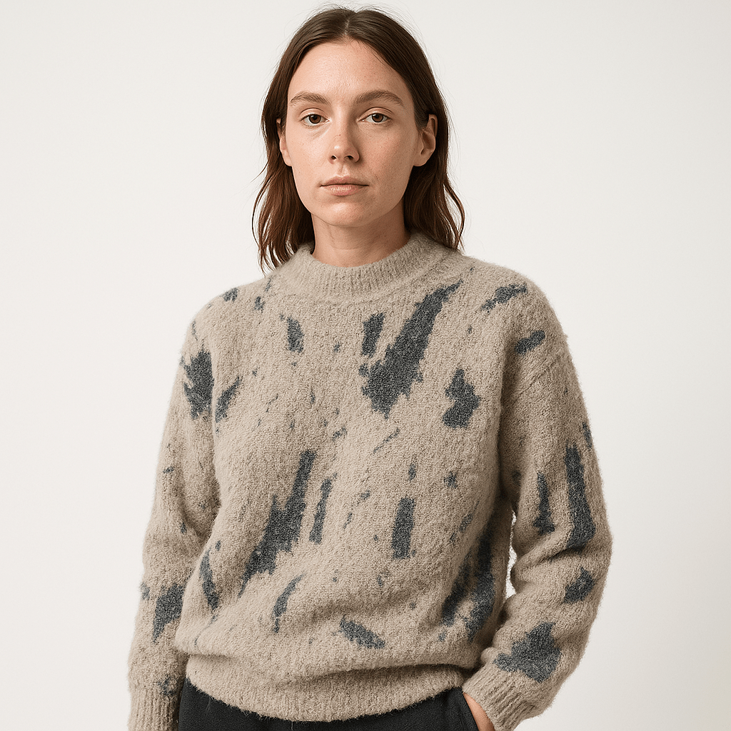 Lavinque Sweater Pull Blanc à Motif Abstrait Noir | Col Montant | Style Graphique & Douillet