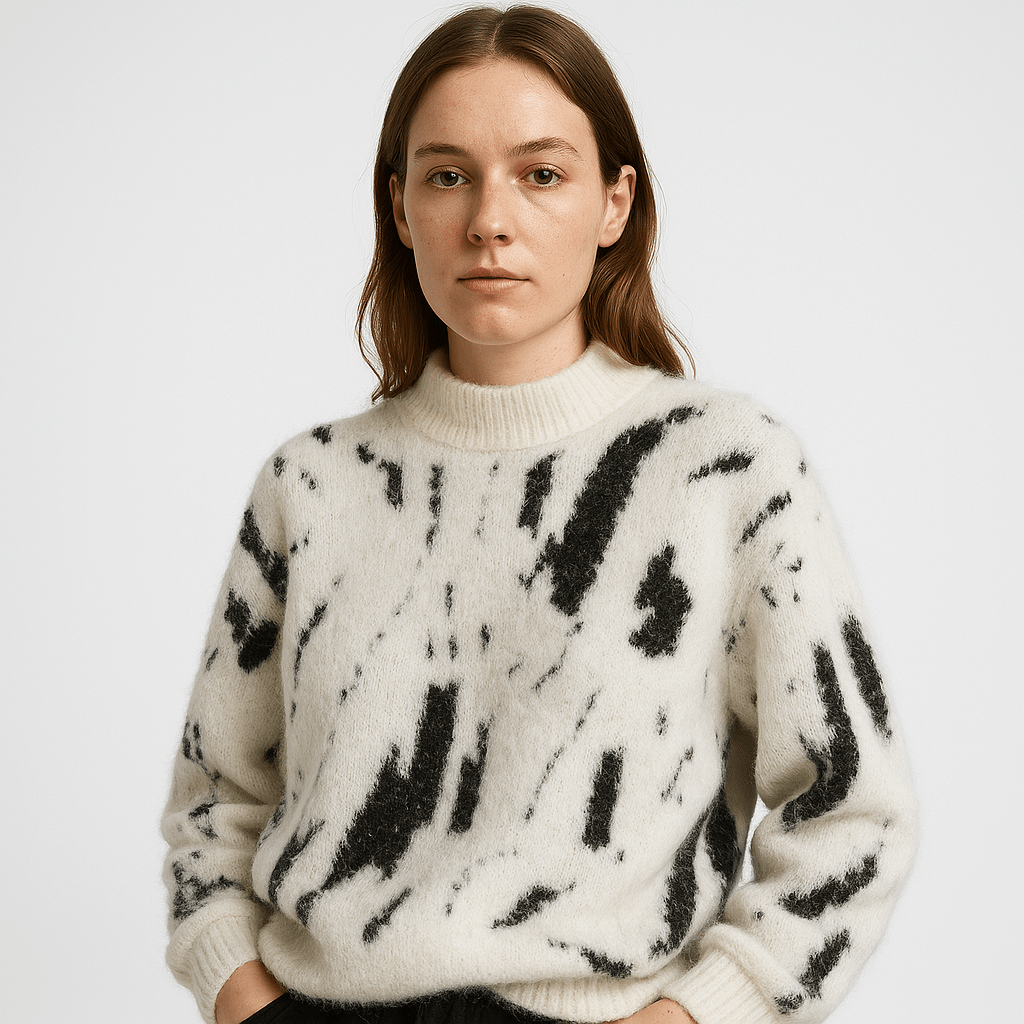 Lavinque Sweater Pull Blanc à Motif Abstrait Noir | Col Montant | Style Graphique & Douillet
