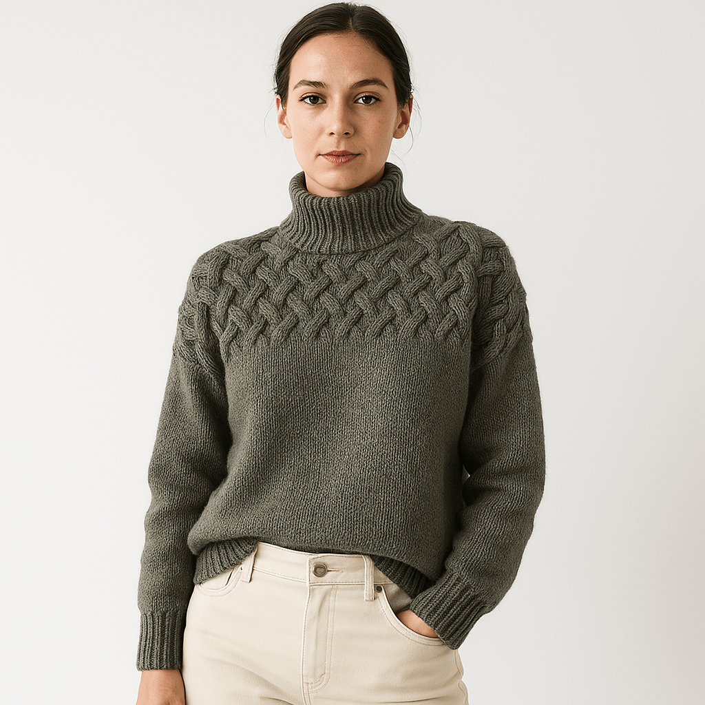 Lavinque Sweater Pull Bleu Col Montant | Motif Torsadé | Chaud et Élégant