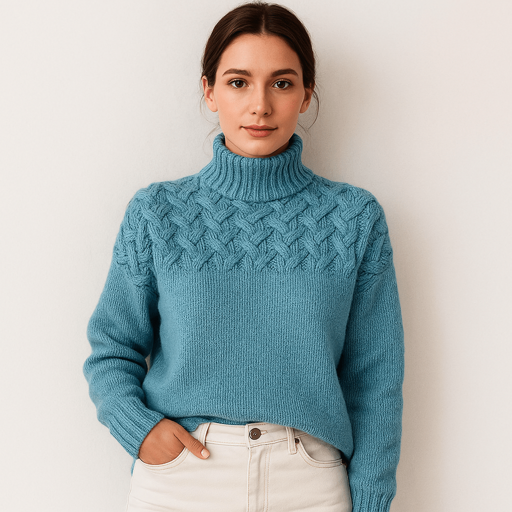 Lavinque Sweater Pull Bleu Col Montant | Motif Torsadé | Chaud et Élégant