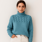 Lavinque Sweater Pull Bleu Col Montant | Motif Torsadé | Chaud et Élégant