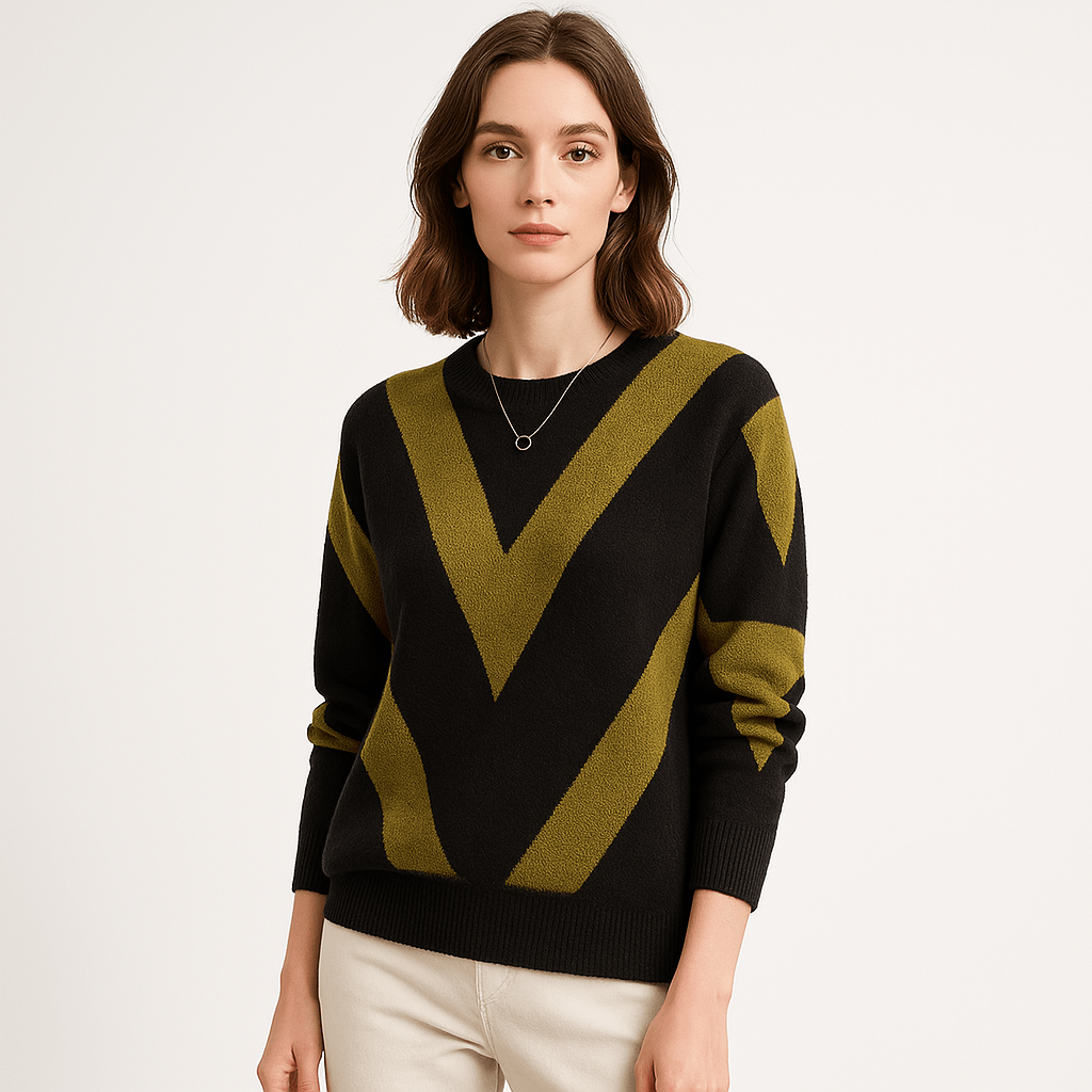 Lavinque Sweater Pull Col Rond Motif V | Tricot Doux | Look Graphique Casual