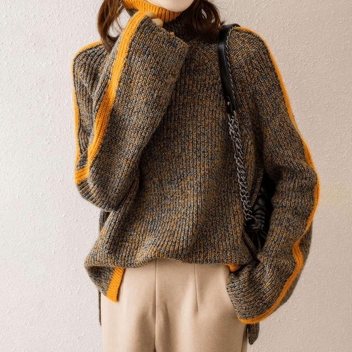 Lavinque Sweater Pull Col Roulé à Rayures Orange | Manches Évasées | Rétro & Chaleureux