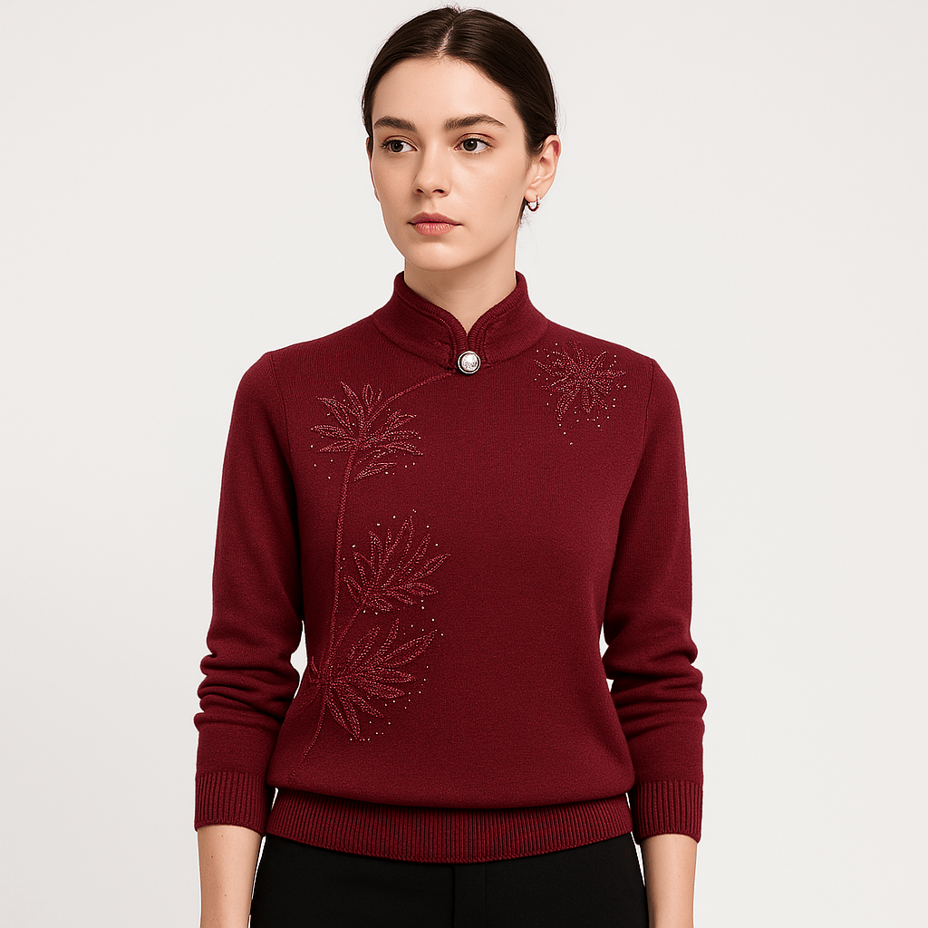 Lavinque Sweater Pull Élégant à Col Montant | Broderies Florales | Confort et Chic