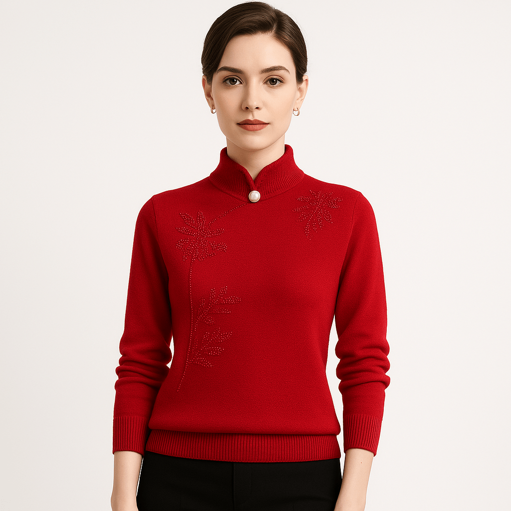 Lavinque Sweater Pull Élégant à Col Montant | Broderies Florales | Confort et Chic