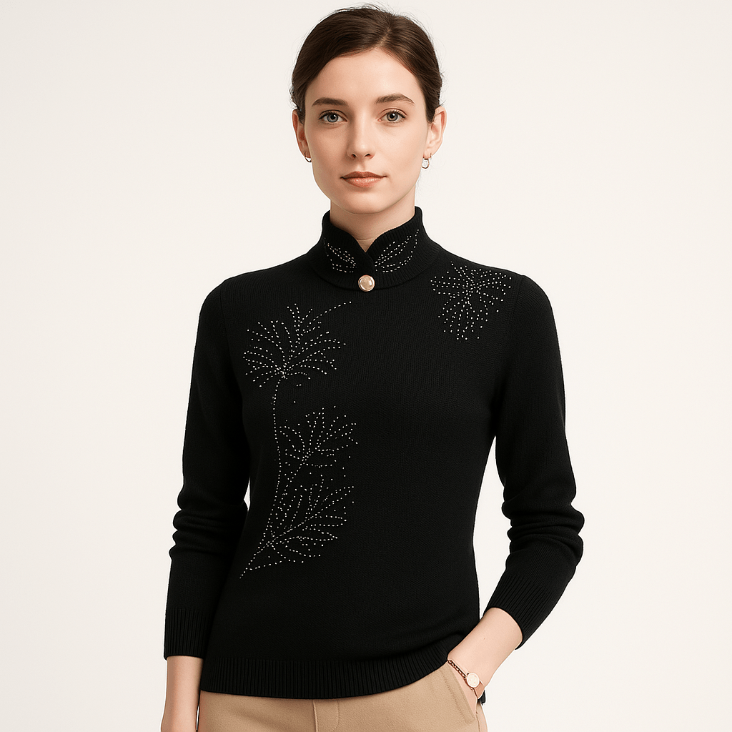 Lavinque Sweater Pull Élégant à Col Montant | Broderies Florales | Confort et Chic