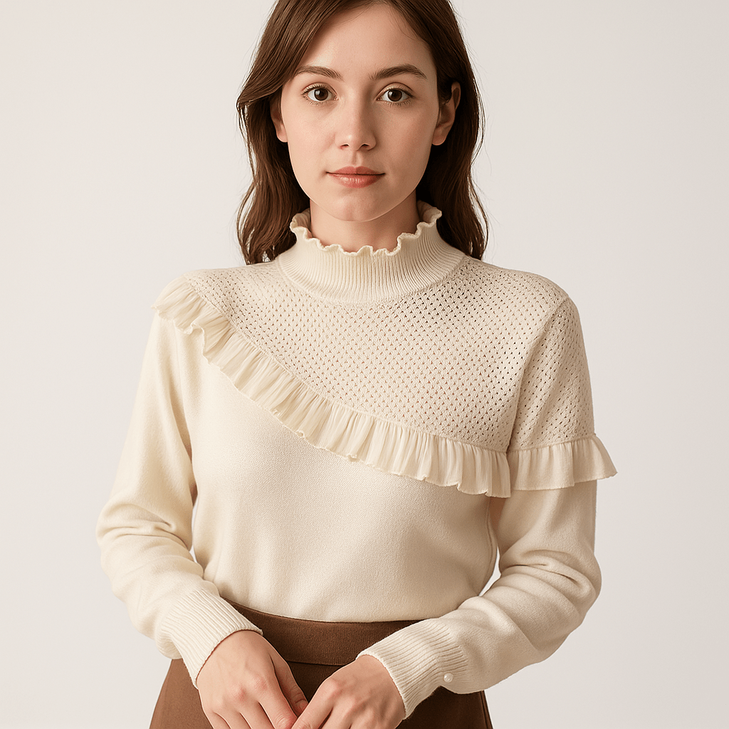 Lavinque Sweater Pull Élégant à Volants | Col Montant | Détails Perlés