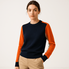 Lavinque Sweater Pull Femme Color Block | Manches Contrastées | Marine & Orange