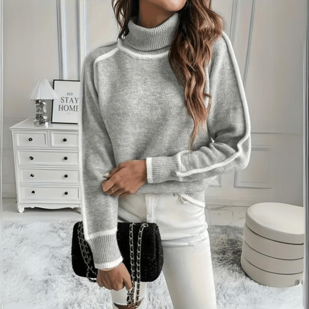 Lavinque Sweater Pull Gris à Col Montant | Surpiqûres Contrastées | Élégant & Minimaliste