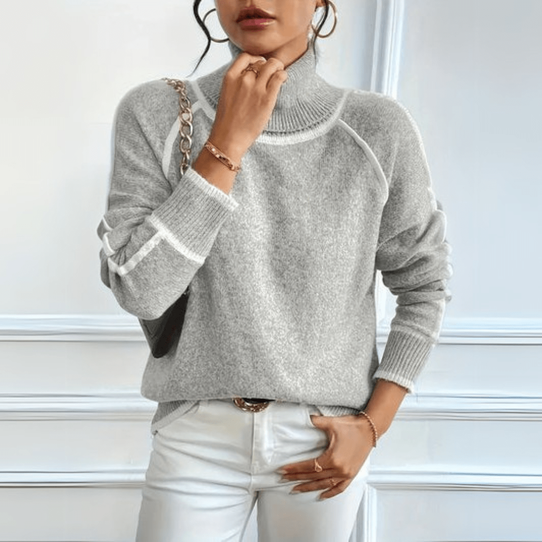 Lavinque Sweater Pull Gris à Col Montant | Surpiqûres Contrastées | Élégant & Minimaliste
