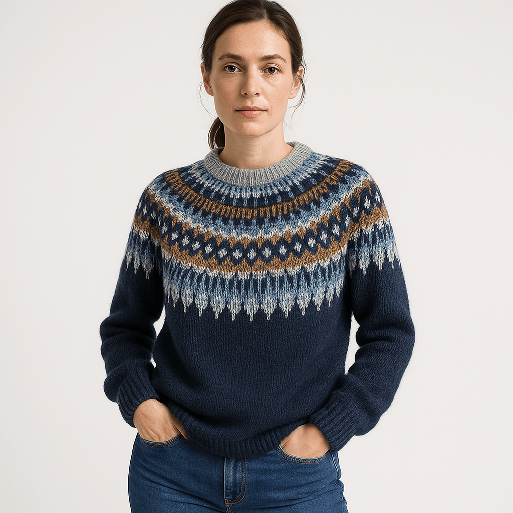 Lavinque Sweater Pull Jacquard Nordique Bleu & Écru | Hiver Douillet | Confort & Style
