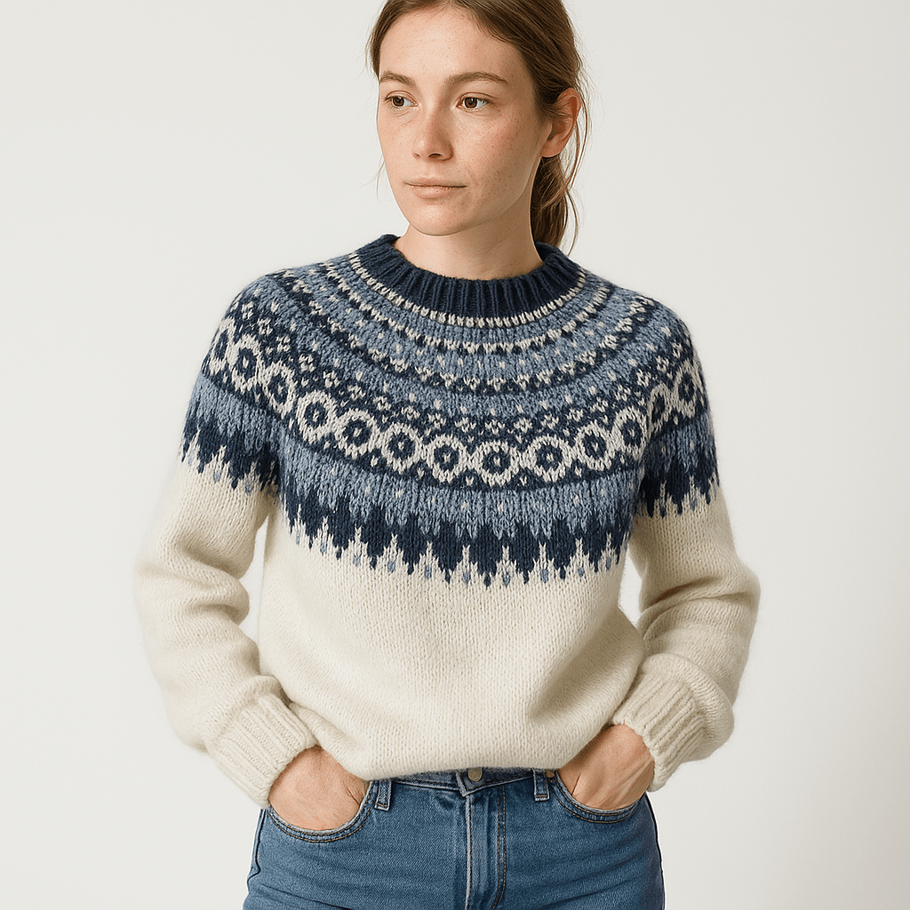 Lavinque Sweater Pull Jacquard Nordique Bleu & Écru | Hiver Douillet | Confort & Style