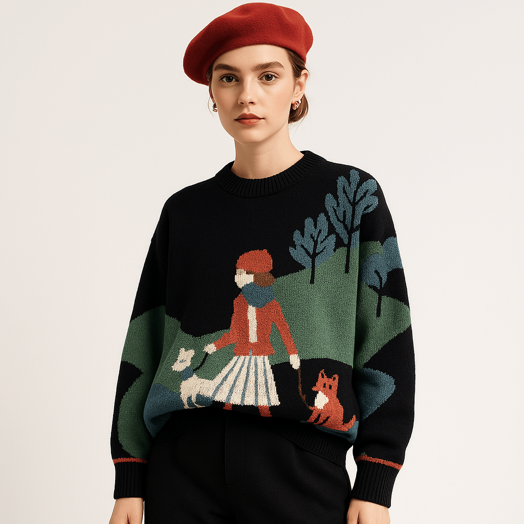 Lavinque Sweater Pull Jacquard Scène Nature | Illustratif & Oversize | Douillet & Original