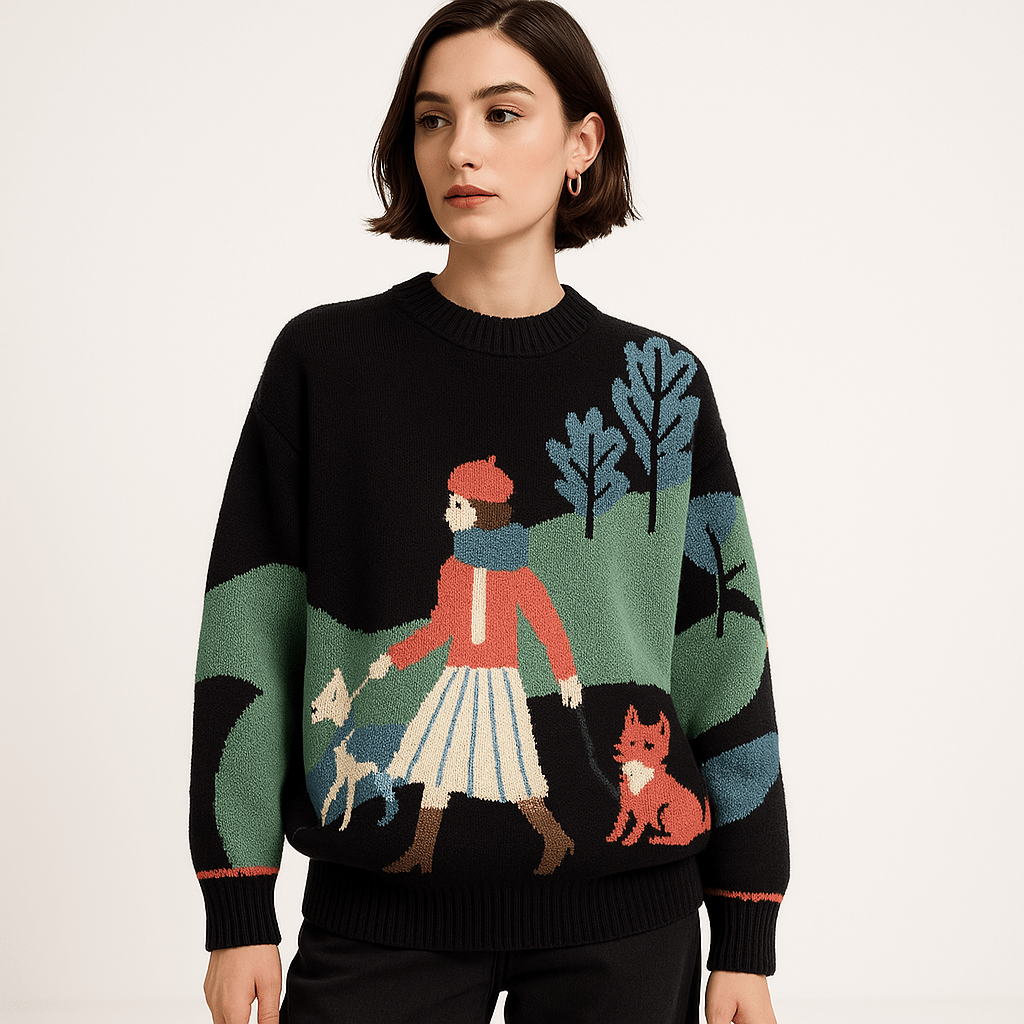 Lavinque Sweater Pull Jacquard Scène Nature | Illustratif & Oversize | Douillet & Original
