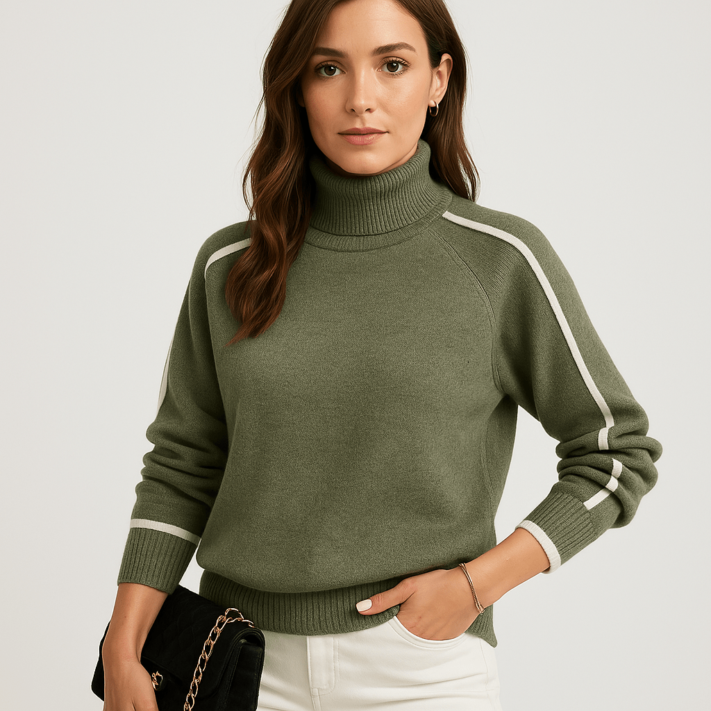 Lavinque Sweater Pull Kaki Col Roulé | Détails Contrastants | Élégance Sportive