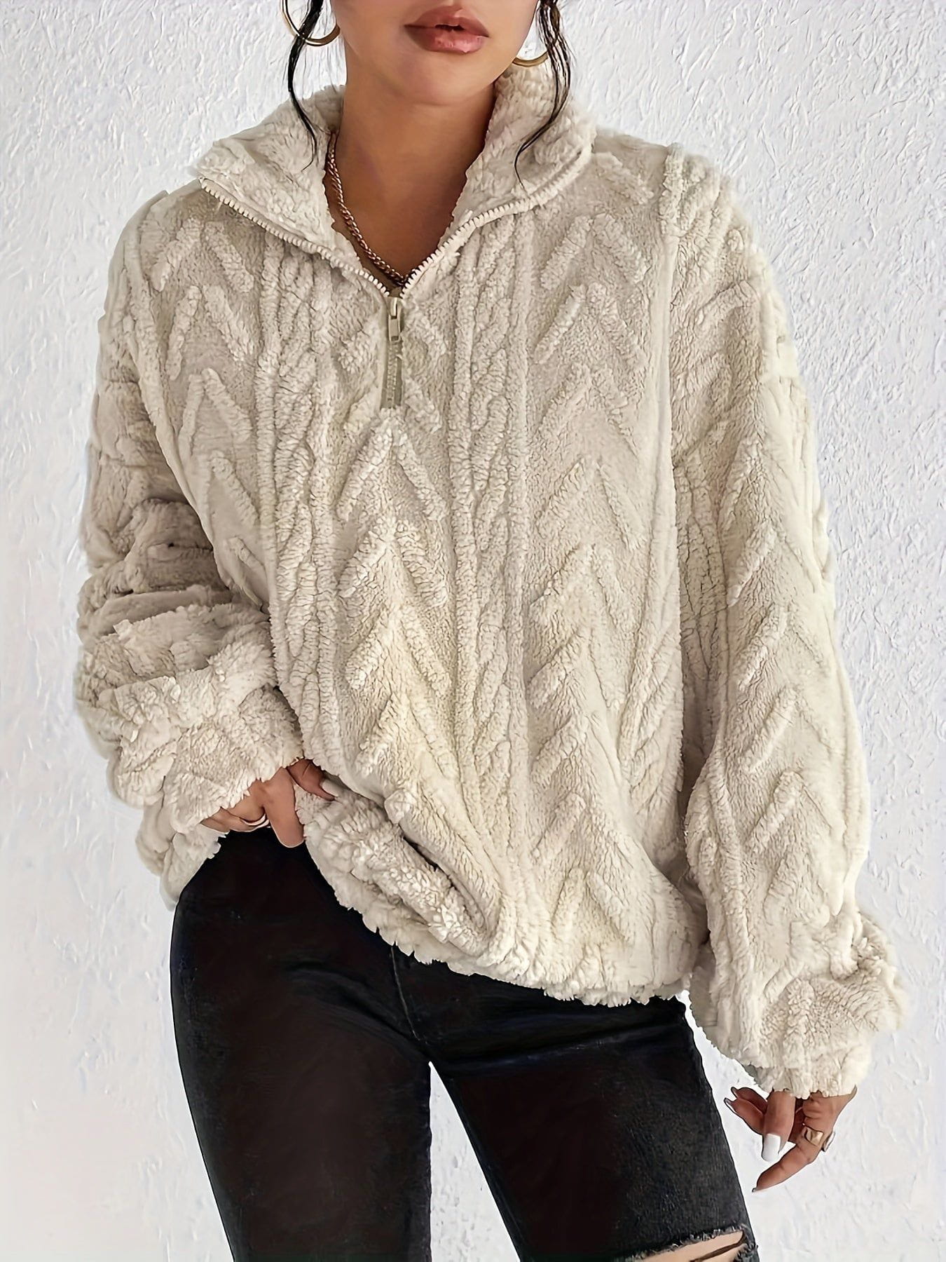 Lavinque Sweater Pull Torsadé Écru | Demi-Zip & Col Montant | Chaud & Tendance