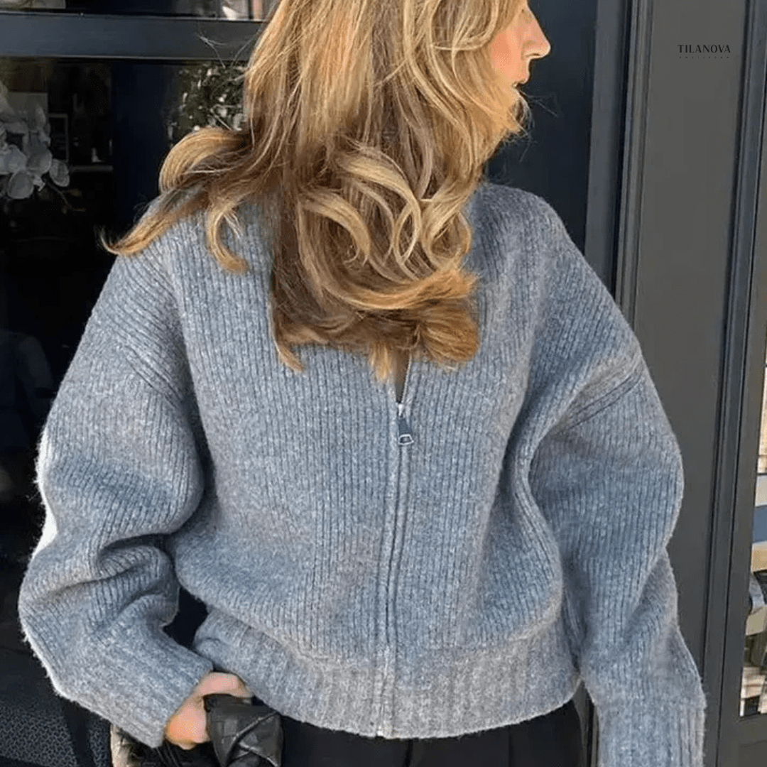 Lavinque Sweater Pull Zippé Oversize Bleu-Gris | Maille Épaisse | Confort & Style