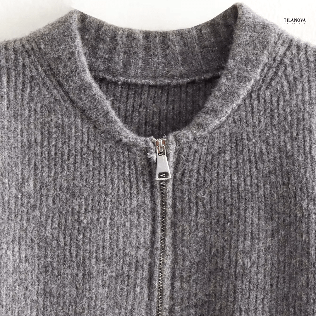 Lavinque Sweater Pull Zippé Oversize Bleu-Gris | Maille Épaisse | Confort & Style