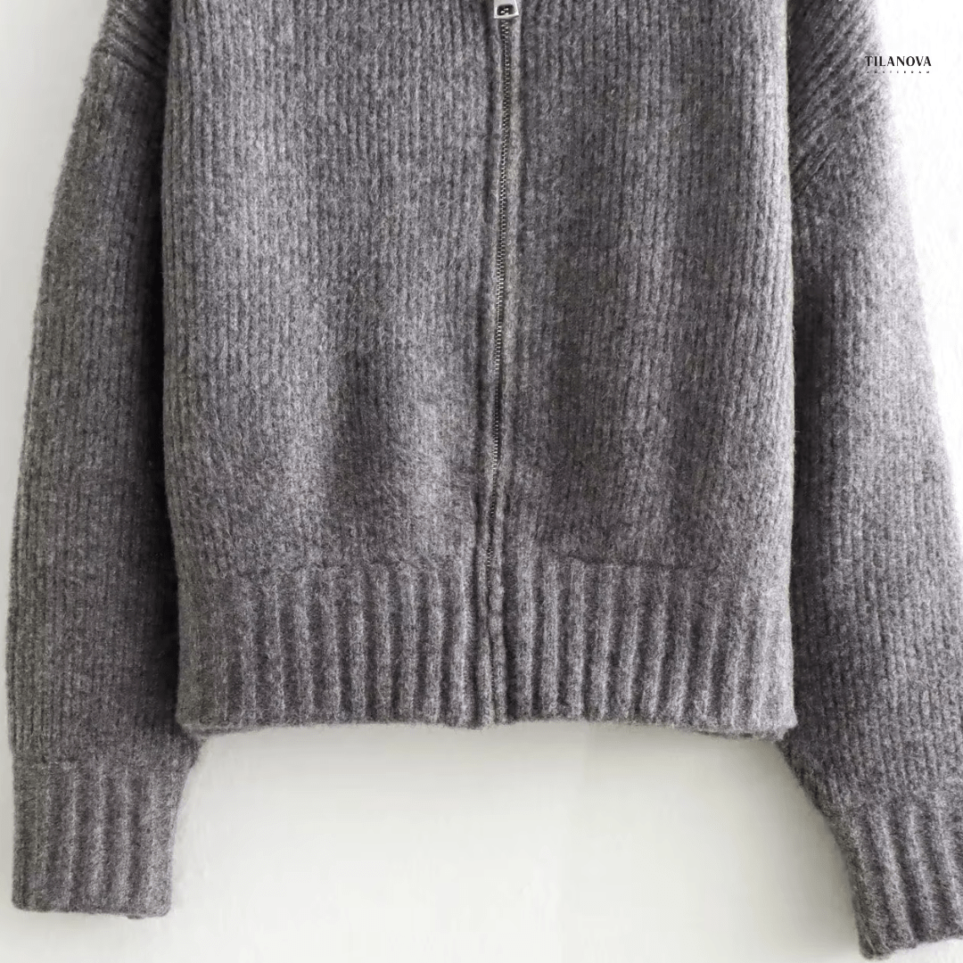 Lavinque Sweater Pull Zippé Oversize Bleu-Gris | Maille Épaisse | Confort & Style