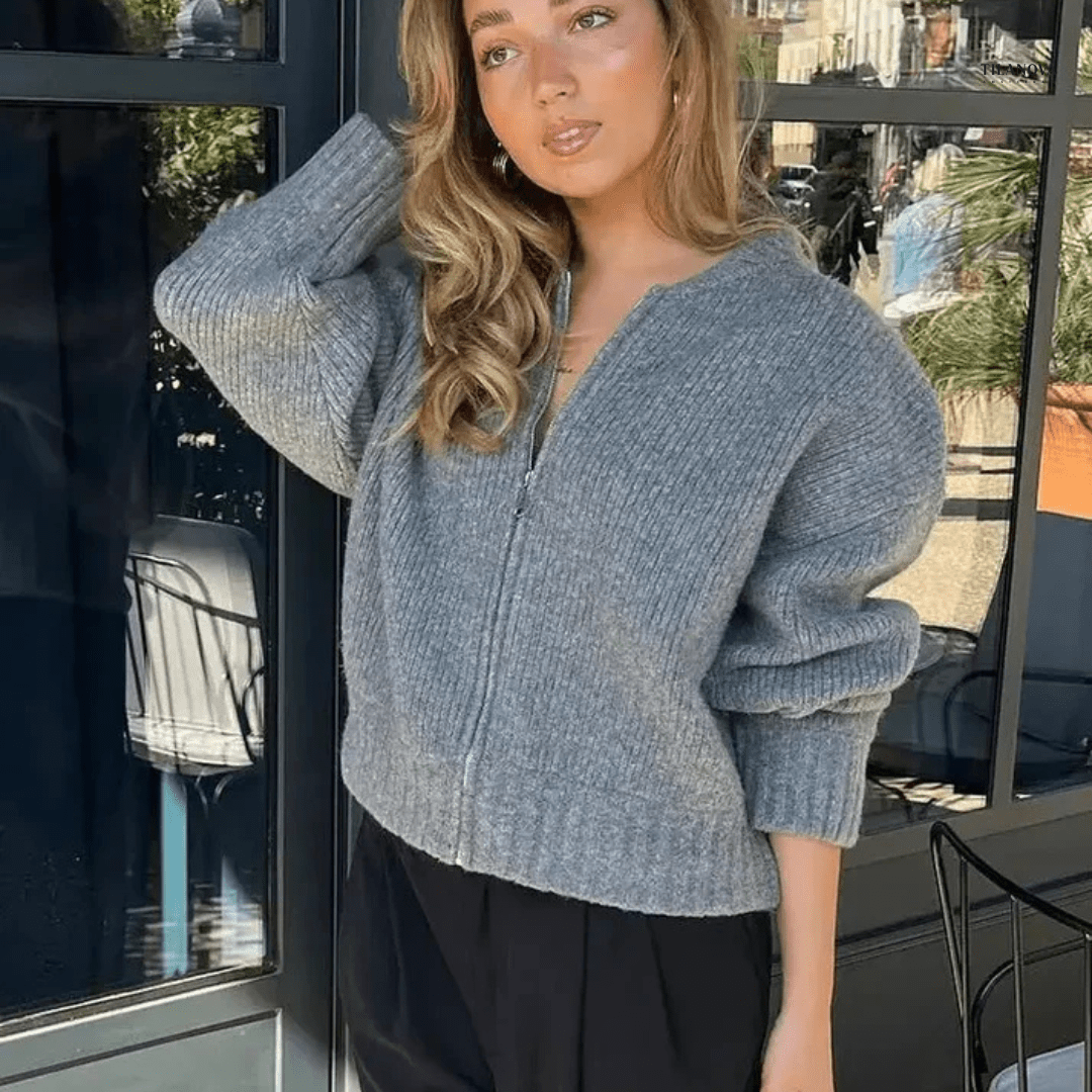 Lavinque Sweater Pull Zippé Oversize Bleu-Gris | Maille Épaisse | Confort & Style