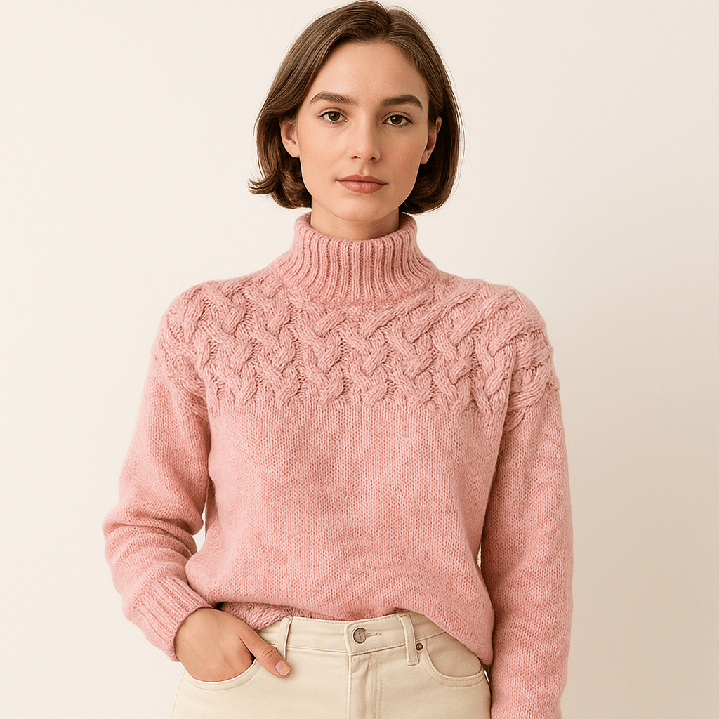 Lavinque Sweater Rose / S Pull Bleu Col Montant | Motif Torsadé | Chaud et Élégant