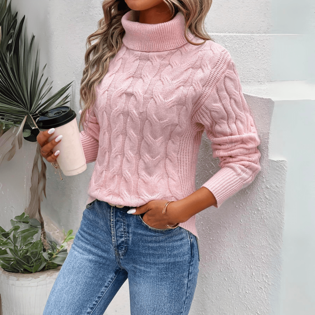 Lavinque Sweater Rose / S Pull Maille Torsadée | Col Roulé | Doux et Chaleureux