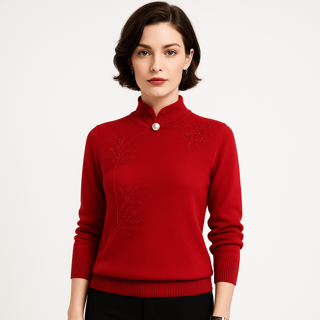 Lavinque Sweater Rouge clair / XS Pull Élégant à Col Montant | Broderies Florales | Confort et Chic