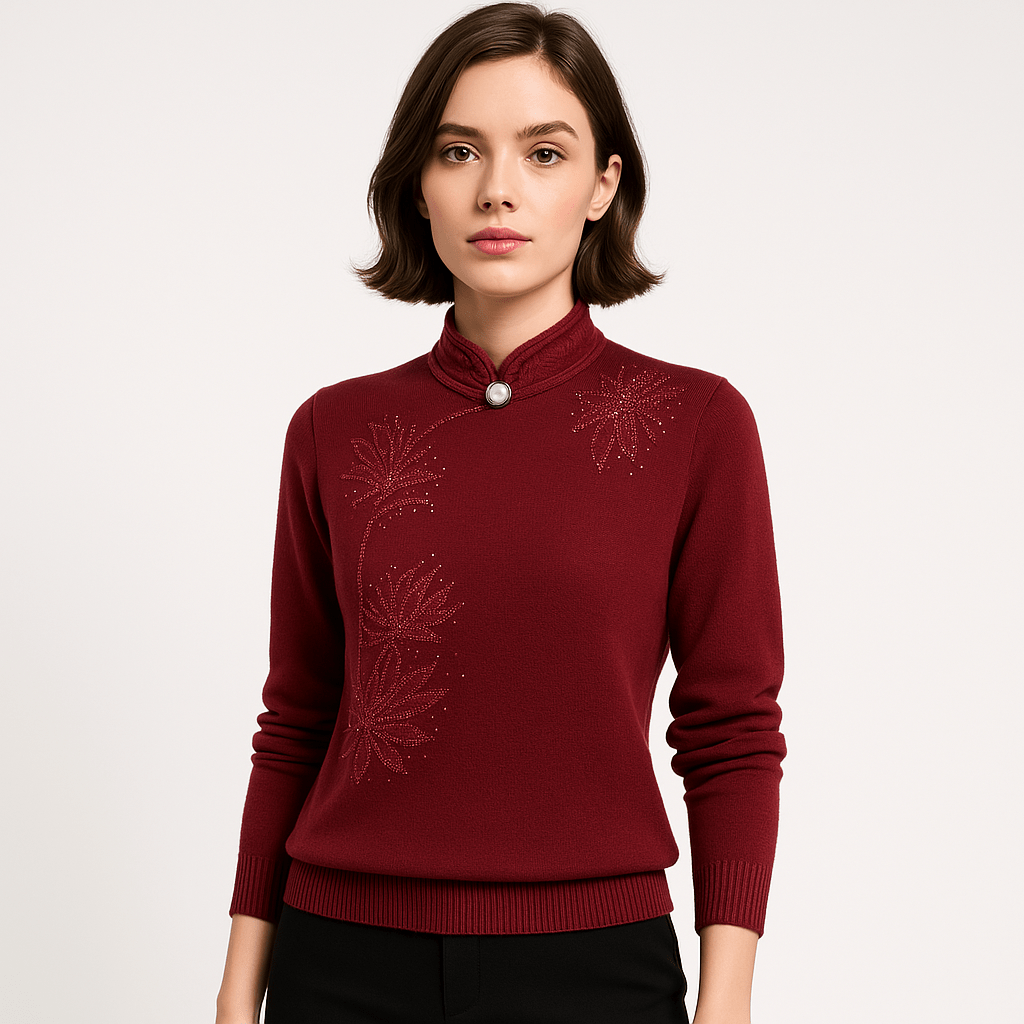 Lavinque Sweater Rouge profond / XS Pull Élégant à Col Montant | Broderies Florales | Confort et Chic