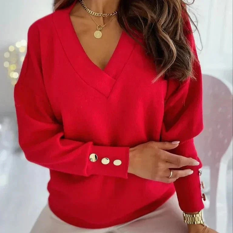 Lavinque Sweater Rouge / S Pull Col V | Maille Douce | Détails Boutons Élégants