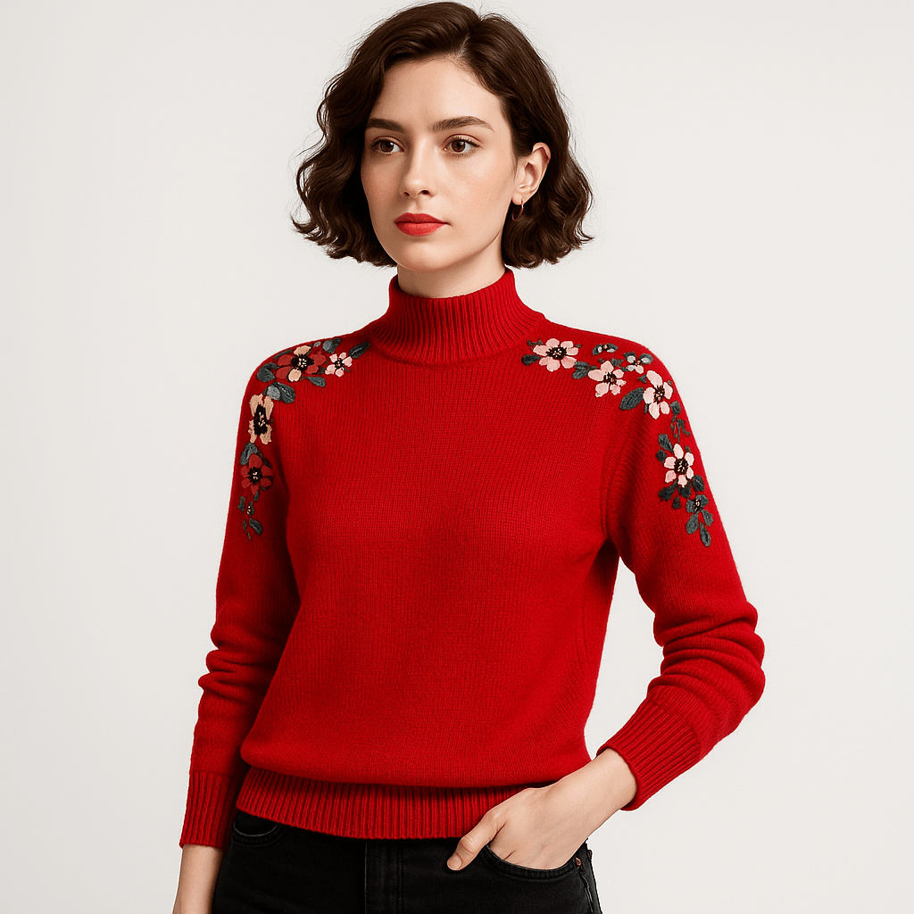 Lavinque Sweater Rouge / XS Pull à col montant brodé | Élégant & Douillet | Fleurs brodées colorées