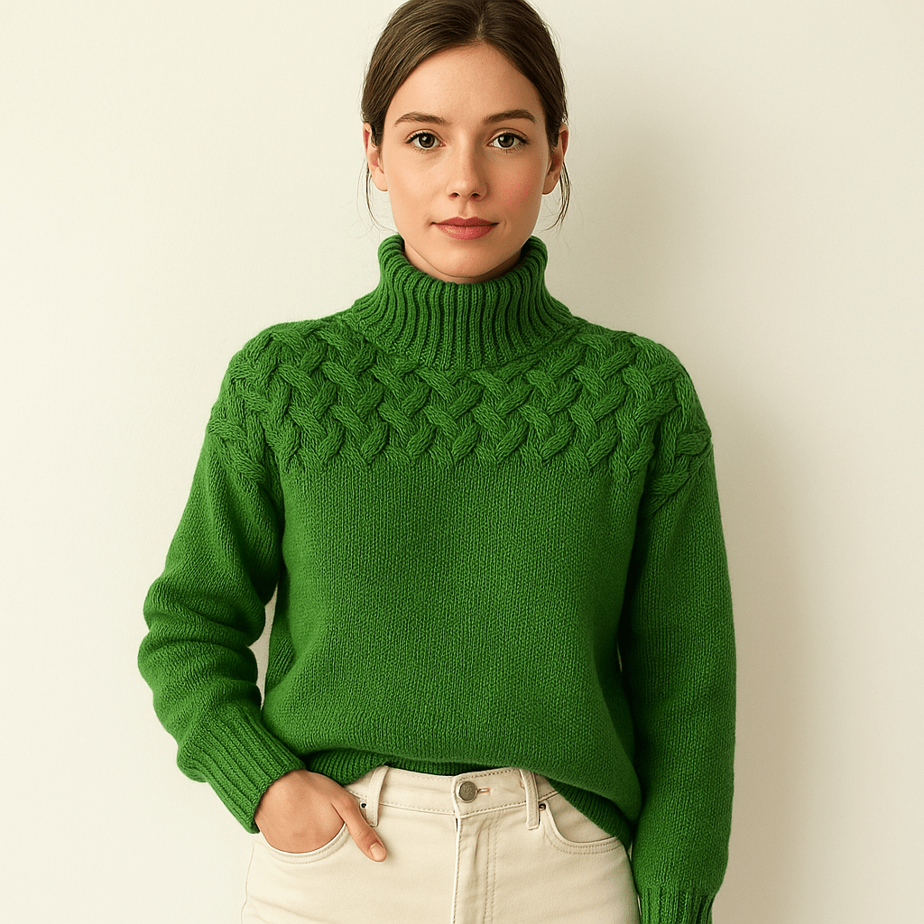 Lavinque Sweater Vert / S Pull Bleu Col Montant | Motif Torsadé | Chaud et Élégant