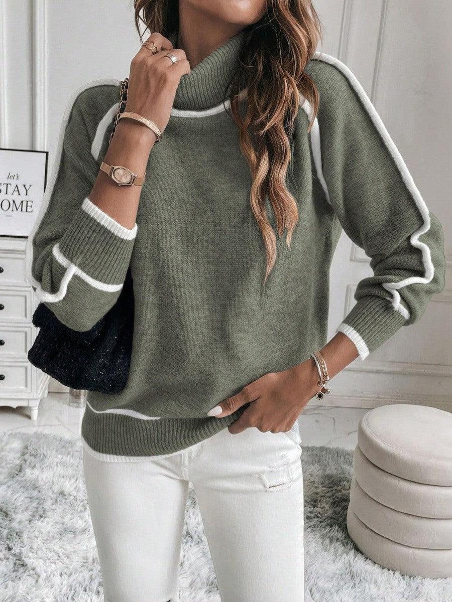 Lavinque Sweater Vert / S Pull col montant contrasté | Pull | Élégance et confort intemporel